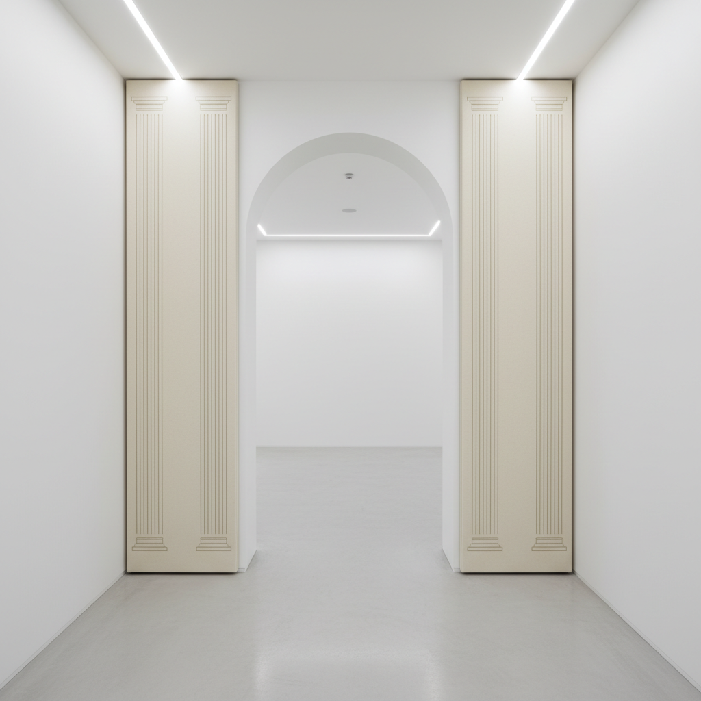 A pair of tall, narrow acoustic panels in soft ivory felt flanking a doorway in a contemporary gallery-like corridor. Each panel has a subtle, vertical engraved motif that echoes architectural lines, creating a sense of height and calm. The surrounding walls are pure white, and the floor is smooth, pale concrete. Hidden ceiling lights provide clean, neutral illumination, casting faint, elongated shadows along the panels’ edges. Photographic realism, eye-level composition with a slight perspective down the corridor, conveying a quiet, sophisticated atmosphere where acoustic comfort is seamlessly integrated into minimalist architecture.