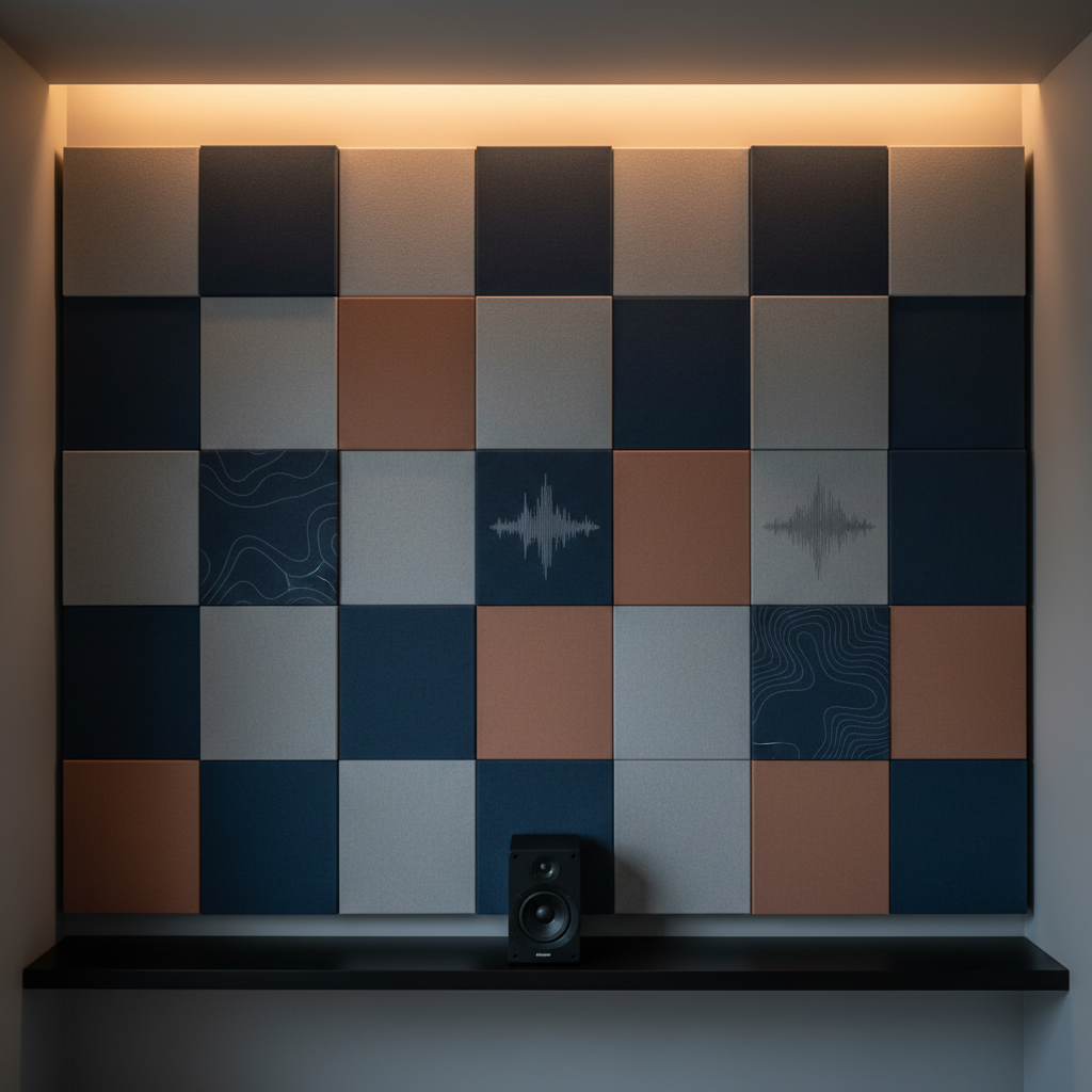 A wall of modular acoustic panels in various muted tones—ink blue, clay, and misty grey—forming a refined checkerboard in a small listening room. Some modules are completely smooth, while others include sophisticated printed patterns inspired by sound waves, all rendered in soft, tonal contrasts. A slim black shelf below holds a single minimalist speaker, reinforcing the sound-focused setting. Gentle, warm LED strip lighting washes down the wall from above, creating a serene, enveloping glow and enhancing the sense of depth between panels. Photographic realism, shot head-on with symmetrical composition, evoking an intimate, immersive, and acoustically optimized space.