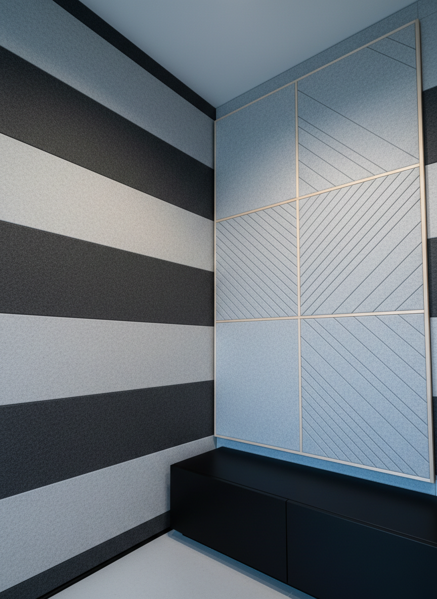 A dramatic corner view of a music practice room with two adjacent walls clad in custom acoustic panels. One wall features horizontal bands of dark charcoal and soft stone felt, the other a composition of large, plain panels interspersed with engraved diagonal motifs. A matte black low cabinet sits in the corner, with no visible instruments. Cool, controlled overhead lighting creates gentle gradients on the felt, with subtle reflections along the engravings. Photographic realism, slightly low-angle wide shot, emphasizing how the panels wrap the space and cultivate a focused, sound-controlled, yet stylish environment.