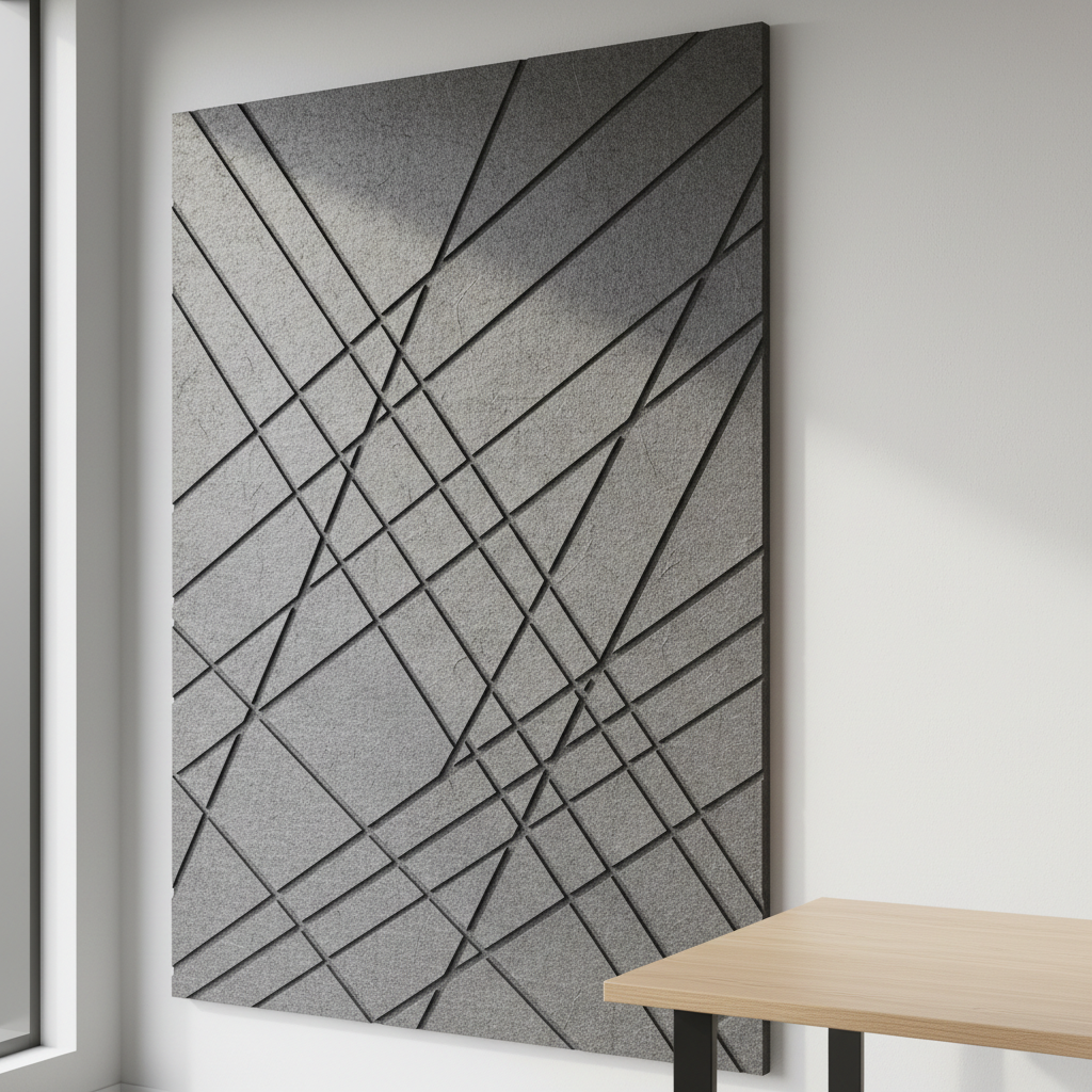 A single large acoustic panel in luxurious graphite-grey felt, featuring an intricate pattern of engraved diagonal lines that subtly catch the light. The panel is mounted on a matte off-white wall in a contemporary office space with a light oak desk and no clutter. Soft, indirect daylight from the left creates delicate shadows in the engraved grooves and a quiet, contemplative mood. Photographic realism, captured in a slightly angled close-up composition that fills most of the frame, emphasizing material quality, precise craftsmanship, and the panel’s role as both sound absorber and refined wall art.