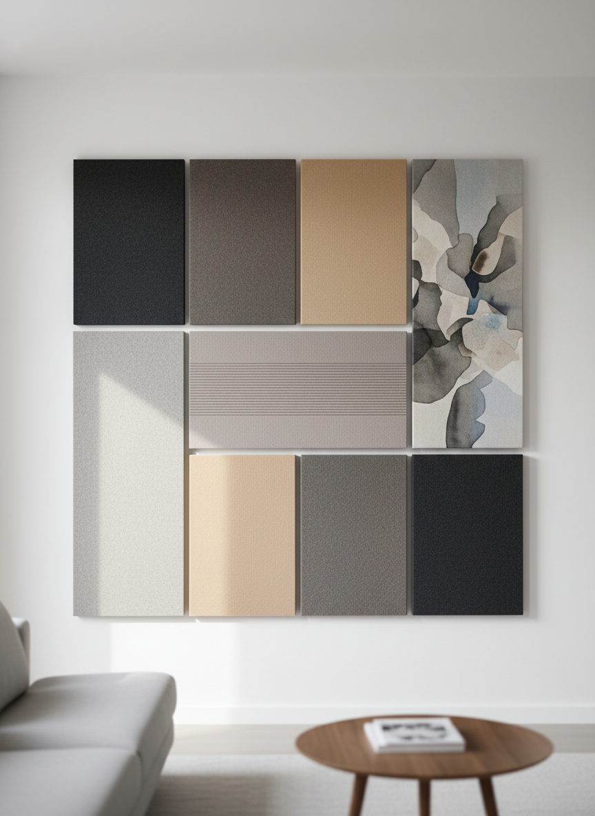 A collection of sophisticated acoustic wall panels arranged on a smooth white wall in a minimalist living room. Several large rectangular panels in deep charcoal, warm sand, and soft taupe felt are perfectly aligned, with crisp edges and a velvety texture clearly visible. One panel features a subtle, engraved linear pattern, another a refined abstract print in muted tones. Natural daylight from an unseen window creates soft, diffused highlights on the felt and gentle shadows along the seams. Photographic realism, shot straight-on at eye level with sharp focus, capturing a calm, refined atmosphere that emphasizes silence, elegance, and high-end interior design.
