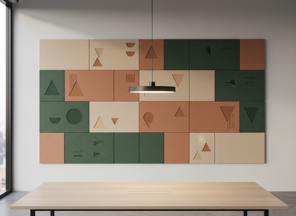 A stylish grid of medium-sized acoustic panels in alternating base colors—soft beige, muted terracotta, and deep forest green—mounted on a wall in a modern meeting room. Some panels are plain felt, others adorned with minimalistic prints of geometric shapes in tonal hues, and a few display subtle engraved line patterns. A pale wooden conference table occupies the lower edge of the frame, while a sleek pendant light above casts warm, diffused illumination, creating gentle gradients on the felt surfaces. Photographic realism, shot from a slightly elevated, wide angle, with balanced composition and crisp detail, evoking a serene, professional, and sophisticated acoustic environment.