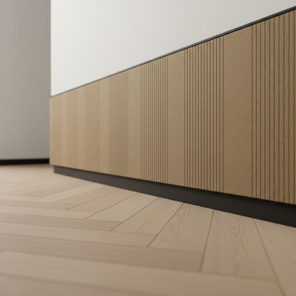A detail shot of a premium acoustic felt panel mounted just above a slim black baseboard in a high-end hallway. The felt is a rich, warm taupe with a very fine, dense texture, and features a delicate, laser-engraved pattern of parallel vertical lines that create subtle rhythm. The matte white wall above and the light herringbone oak floor below frame the panel. Natural side light from a nearby window glides across the surface, revealing micro-shadows within the engraving. Photographic realism, captured in a close-up, low-angle perspective with shallow depth of field, highlighting craftsmanship, material quality, and discreet luxury.