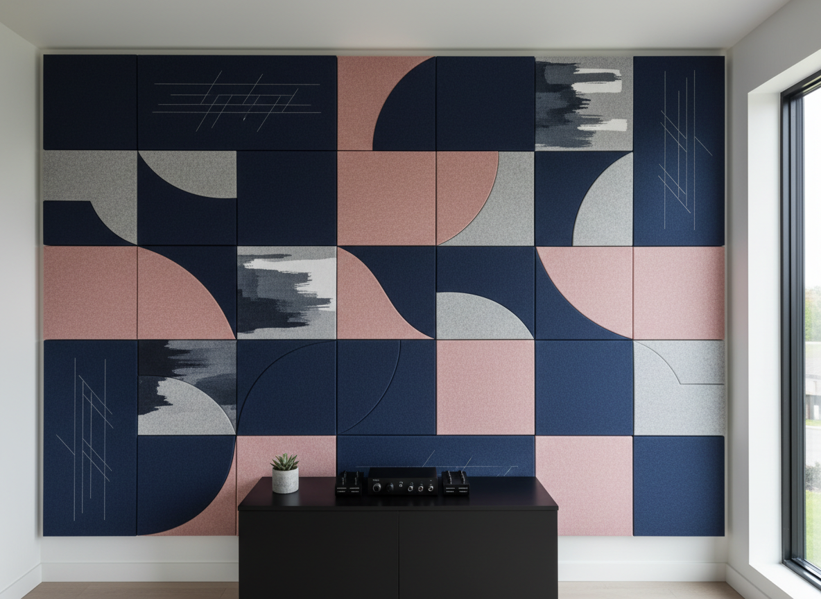 A creative composition of custom acoustic panels forming a large abstract mural in a chic home studio. Panels of varied sizes in midnight blue, stone grey, and dusty rose felt interlock like a puzzle, some with delicate linear engravings, others with understated monochrome prints reminiscent of brushstrokes. They cover most of a wall behind a minimalist black console. Soft, overcast daylight enters from the right, creating an even, tranquil light that accentuates the soft textures and depth between layers. Photographic realism, captured straight-on with a wide lens and sharp focus, communicating bespoke design possibilities and the art of silence through visual balance and harmony.